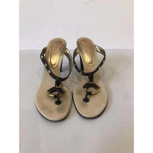 Dolce & Gabbana Brown Leather Canvas Gold studded heels - Picture 1 of 4